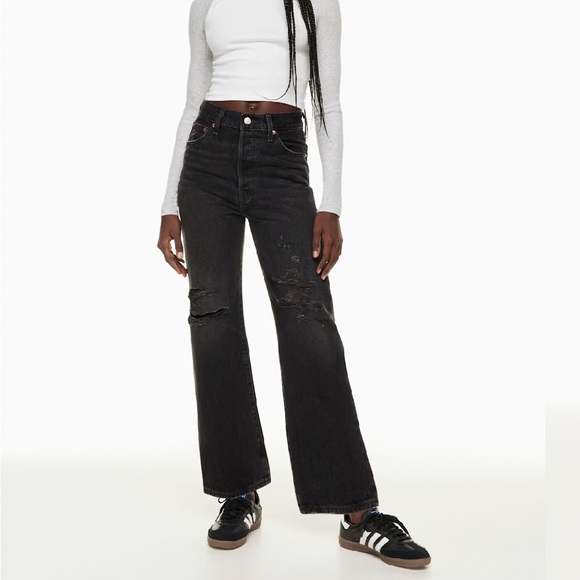 Levi's Denim - Levis Black Distressed Ribcage High Rise Straight Leg Streetwear Casual Jeans